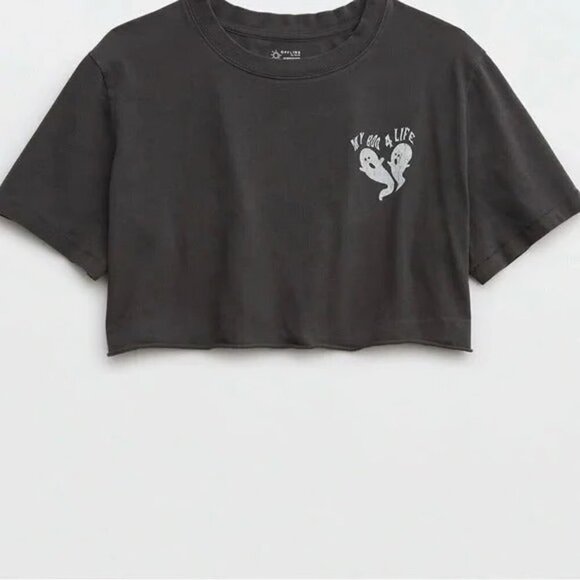 AE Aerie Halloween Ghost Cropped Tee Charcoal Small Boo For Life 👻 NWOT - Picture 3 of 7